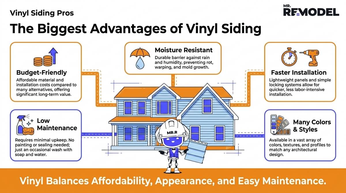 Benefits infographic highlighting the biggest advantages of choosing vinyl siding for a home.